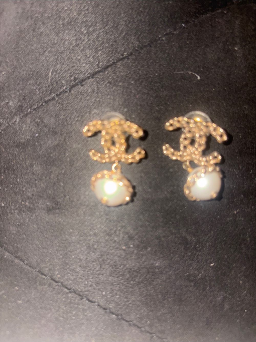 CHANEL Gold CC Drop Earrings with White Pearl Cabochons